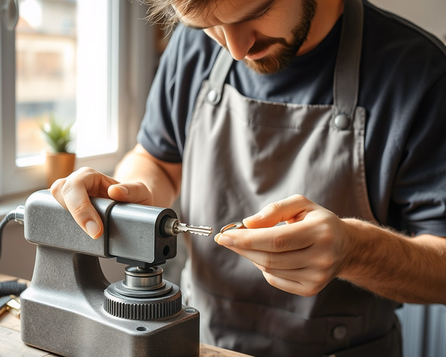 Fotó egy szakemberről, amint gondosan lapos kulcs másolást végez egy nappaliban.