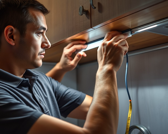 Szerelő precízen rögzíti a LED-szalag csíkját a konyhapult aljára, csatlakoztatja a tápegységet és ellenőrzi a fényvonal egyenletességét és színhőmérsékletét.