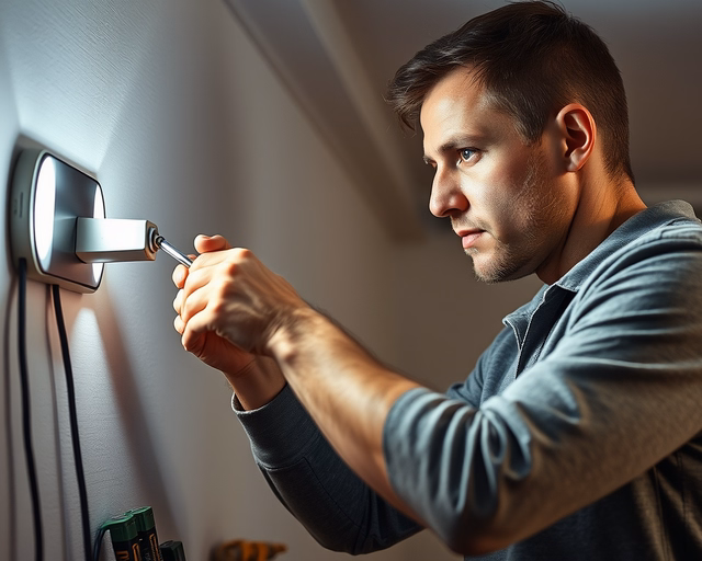 LED világítás a falra: Szerelő méricskél, fúr és rejtett sínbe helyezi a LED csíkot, majd csatlakoztatja a tápegységet és ellenőrzi a fényerőt és színhőmérsékletet.