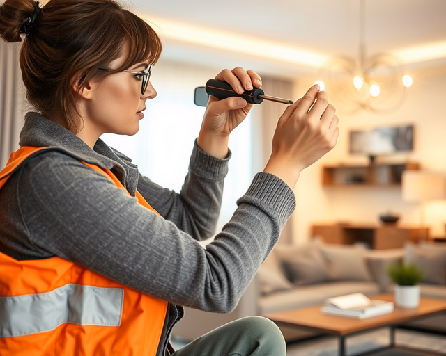 LED-világítás: Szerelő létrán állva precízen beköt egy új LED-paneletet a mennyezeti csatlakozóba, ellenőrzi a vezetékeket és beüzemeli a világítást.