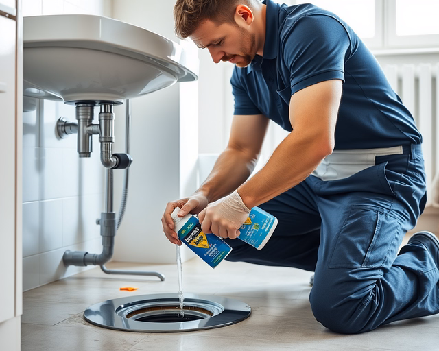Fotó egy szakemberről, amint precízen lefolyót fertőtlenít egy fürdőszobában.