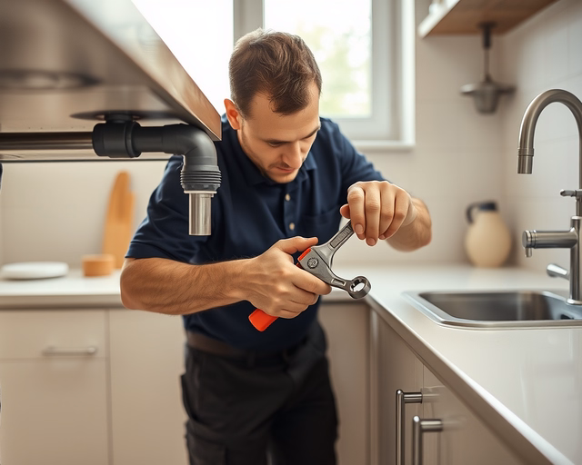 Fotó egy szakemberről, amint gondasan lefolyócsövet javít egy pincében.
