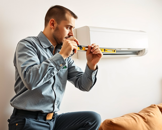 Szerelő szereli a lemezradiátor-tartót a falra: fúr, tipliket helyez be, csavarokat húz meg, és pontosan igazítja a tartót a radiátor stabil rögzítéséhez.