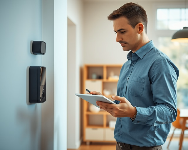 Fotó egy zárszerelőről, amint szakszerűen létesítménybiztonsági felmérést végez egy pincében.