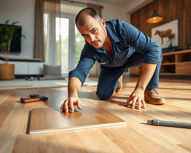 A mester finoman felviszi a speciális ragasztót a tiszta aljzatra, majd precízen lerakja és beilleszti a magas fényű laminált parketta paneleket, ügyelve a sima illesztésekre és fényes felületre.