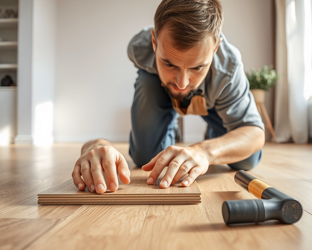 Szerelő fekszik négykézláb, precízen illeszti a magas kopásállóságú laminált padló deszkáit, kalapáccsal és ütőfa segítségével biztosítva a szoros illeszkedést.