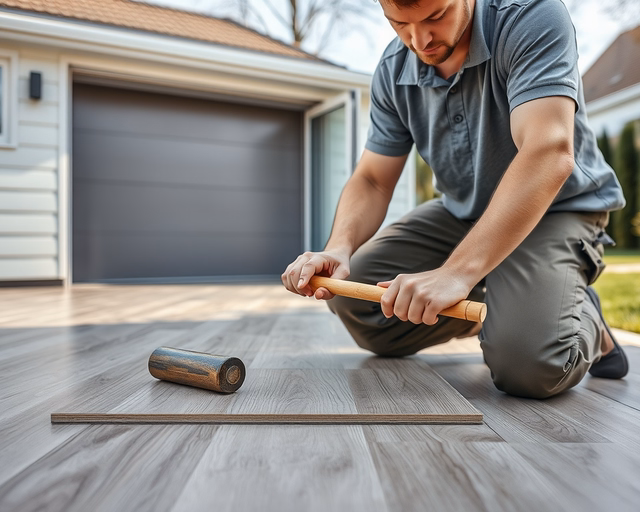 Egy szakember precízen illeszti és ragasztja a magasfényű laminált padlót a Diego áruházból, ügyelve a fugákra és a sima, tükröződő felület hibátlan kialakítására.