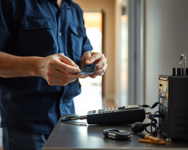 Fotó egy mesteremberről, amint szakszerűen mágneskártyás kulcskészítést végez egy irodában.