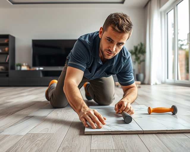 Márványmintás laminált padló telepítése: szerelő pontosan kiméri, ragasztót visz fel, lapokat illeszt egymáshoz, kalapáccsal finoman ütögetve biztosítja a szoros illeszkedést és sima felületet.