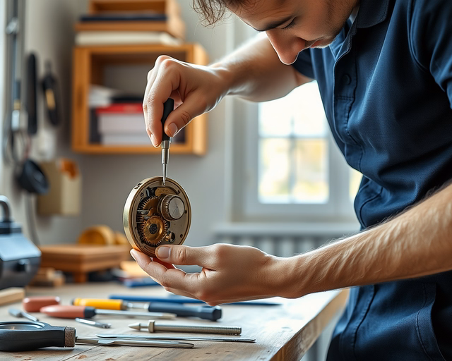 Fotó egy szakemberről, amint biztonságosan mechanikus kódzár oktatást végez egy nappaliban.