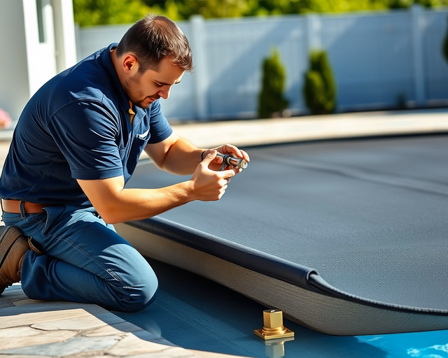 Fotó egy szakemberről, amint megbízhatóan medence takaróponyva felhelyezését végez egy kertben.