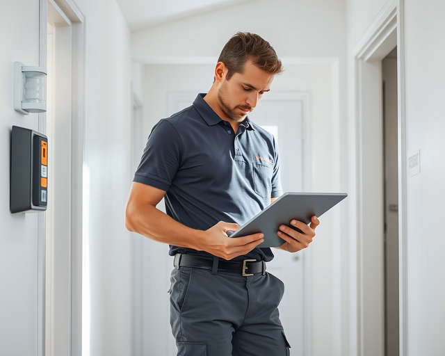 Fotó egy zárszerelőről, amint gondosan menekülési útvonal felülvizsgálatot végez egy házban.