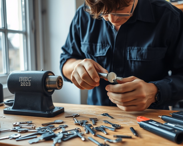 Fotó egy zárszerelőről, amint körültekintően mesterkulcs másolást végez egy irodában.