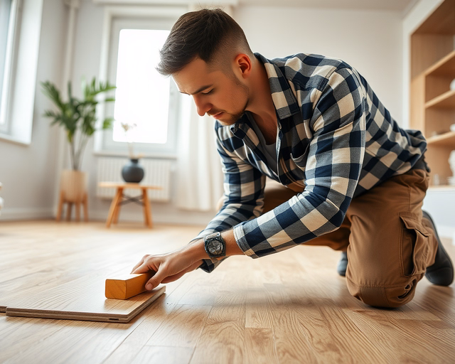 Mester precízen vágja és illeszti a Mintás laminált padlót: ragasztó, dübelek és távtartók használatával, soronként ellenőrizve a mintázat folytonosságát és vízszintet.