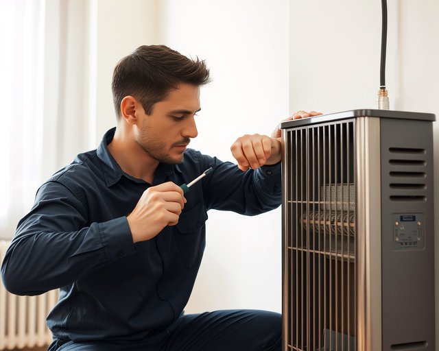 Szerelő finoman beállítja a Modern gázkonvektor égőjét és hőcserélőjét, ellenőrzi a tömítéseket és a gáznyomást, majd biztonságosan újraindítja a készüléket.