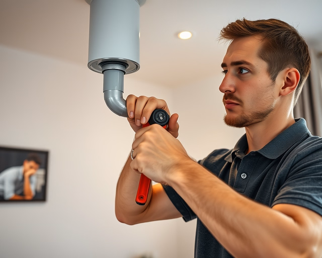 Szerelő ellenőrzi és tisztítja a Modern, kéményes gázkonvektor égőjét: szerszámokkal szétszerel, kormot eltávolít, gyújtást és huzatot mér, majd visszaszerel és tesztel.