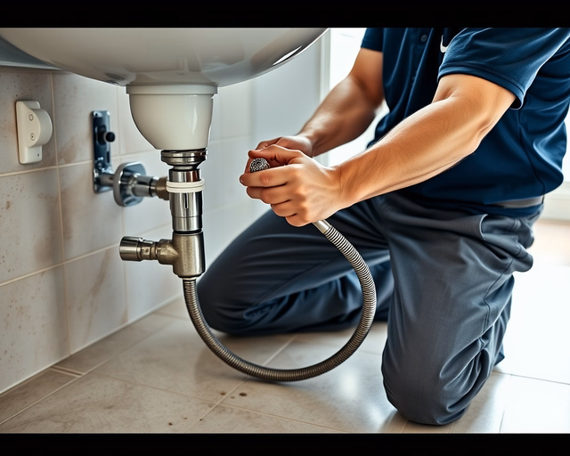 Fotó egy szakemberről, amint gondasan mosdó dugulást hárít el egy fürdőszobában.