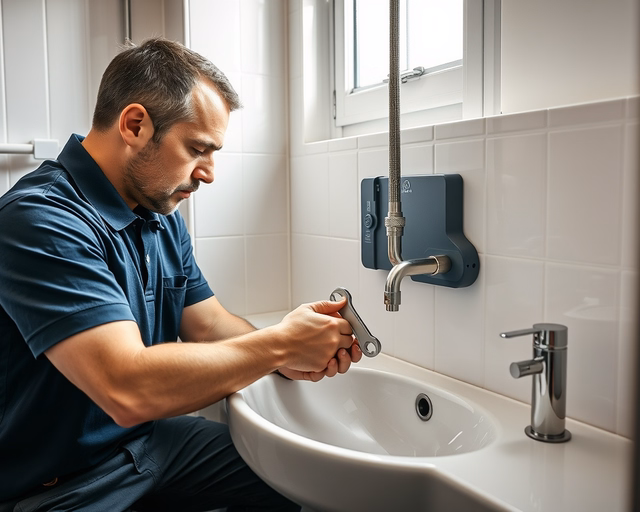 Fotó egy mesteremberről, amint precízen mosdólefolyót állít be egy fürdőszobában.