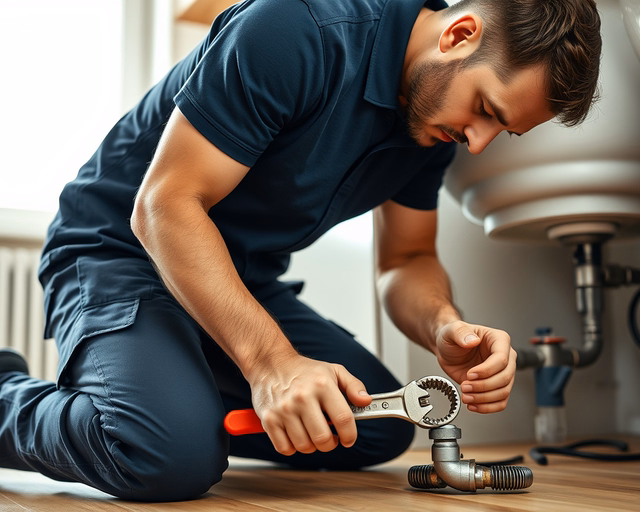 Fotó egy vízvezeték-szerelőről, amint gondasan mosogatólefolyót javít egy konyhában.