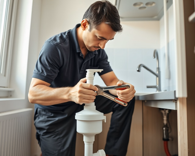 Fotó egy szakemberről, amint professzionálisan mosogatólefolyót szerel egy konyhában.