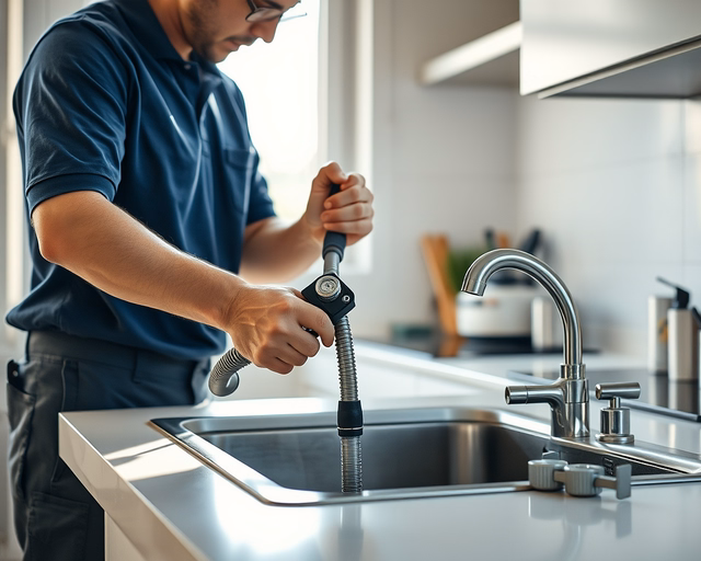 Fotó egy szakemberről, amint biztonságosan mosogatólefolyót tisztít egy konyhában.