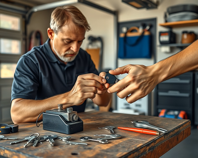 Fotó egy zárszerelőről, amint biztonságosan motorkulcs másolást végez egy garázsban.
