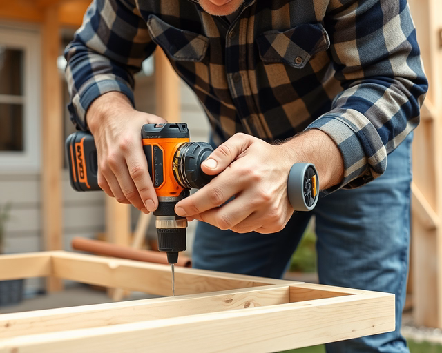 Műhely építése olcsón: mester a falvázat szereli, faoszlopokat fúr és csavaroz, habszigetelést illeszt, gazdaságos anyagokat és használt szerszámokat használva, precízen mérve.