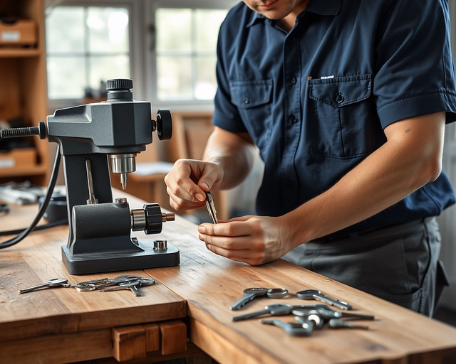 Fotó egy zárszerelőről, amint szakszerűen munkagép kulcs másolást végez egy garázsban.