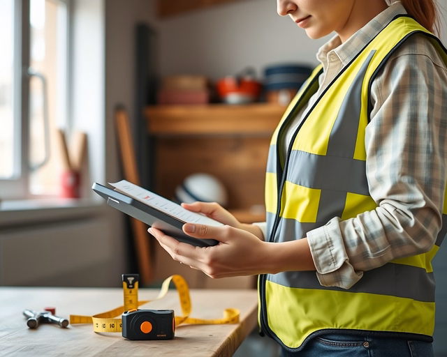 Munkavédelmi kockázatértékelés: szakember védősisakban és láthatósági mellényben mérőműszerekkel ellenőrzi gépsor környezetét, feljegyzi veszélyforrásokat és jelöli a hiányzó védőburkolatot.