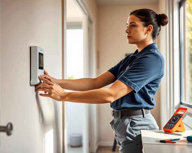 Műszaki szakember ellenőrzi és javítja a kazánház vezérlőpaneljét: kézben multiméter, lehúzott burkolat, koncentrált arckifejezés, látható kábelek és jelölések.