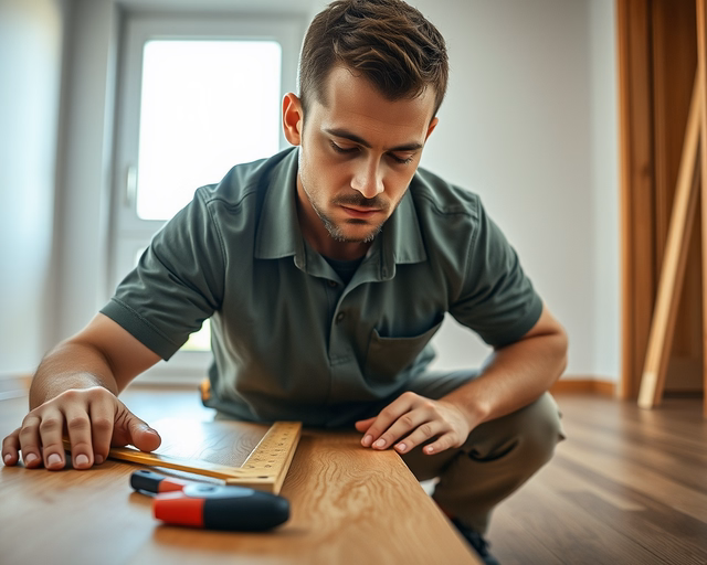 Mester óvatosan illeszti az öntapadós laminált padló lapját a tiszta, pormentes aljzathoz, erősen lesimítva a gördülő gumihengerrel a légbuborékok eltávolításához.