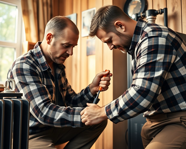 Szerelő óvatosan leválasztja az elektromos tápot és gázcsapot, majd csavarhúzóval és villáskulccsal leszereli az öntöttvas gázkonvektor burkolatát a biztonságos karbantartáshoz.