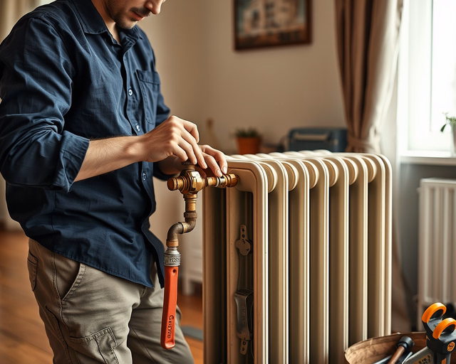 Szerelő óvatosan kiszedi a régi radiátort, majd új Öntöttvas konvektor csöveit beköti, tömít, légtelenít és ellenőrzi a fűtés működését pontos nyomásméréssel.