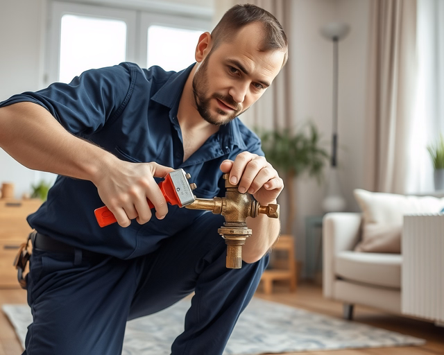 Egy szerelő gumikesztyűben óvatosan légteleníti az öntvény radiátor középső szelepeit, miközben alatta edény gyűjti a kis csöpögő vizet — Öntvény radiátorok.