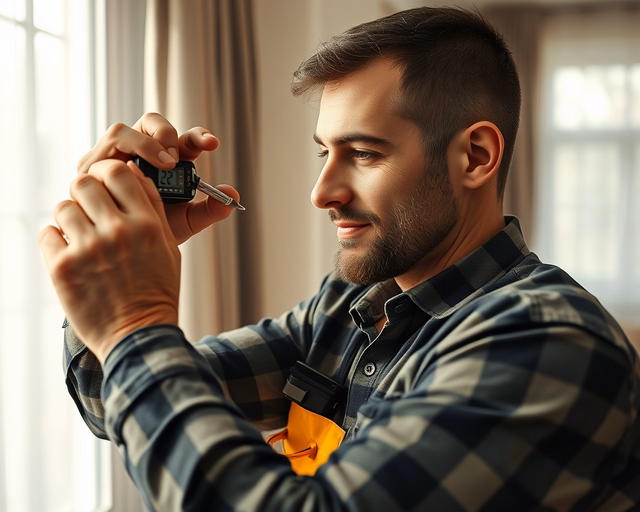 Szerelő ellenőrzi az Okos gázkonvektor égőjét: kesztyűben, multiméterrel és csavarhúzóval finoman szétszereli a burkolatot, megtisztítja és beállítja a gyújtóelektródát.
