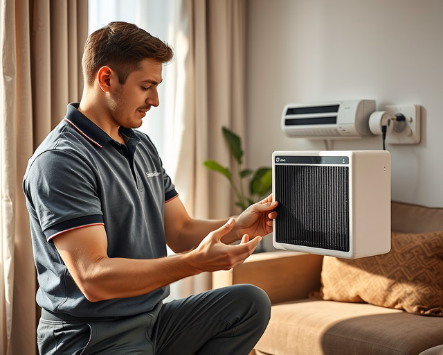 Szerelő szerszámokkal javít egy okos konvektort a falon: ellenőrzi a vezérlőpanel csatlakozásait és cseréli a hőmérséklet-szenzortot a hibátlan működés érdekében.