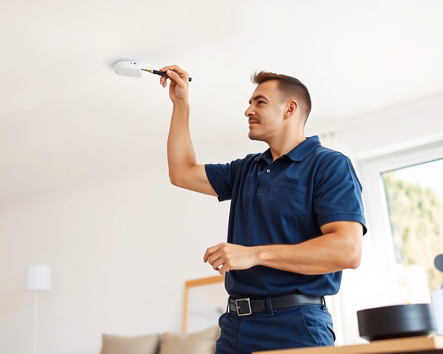 Fotó egy szakemberről, amint professzionálisan okosotthon biztonsági integrációt végez egy irodában.