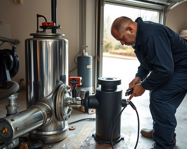 Fotó egy mesteremberről, amint gondasan olajfogót tisztít egy konyhában.