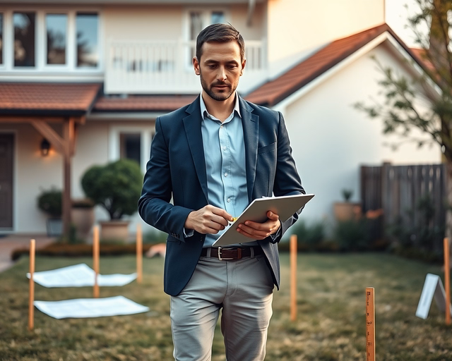 Olcsó építési telek: az ingatlanos a telek határán sétál, mérőszalaggal és helyszínrajzzal ellenőrzi a parcelhatárokat, közben az eladó mutatja a villany- és vízbekötés helyét.