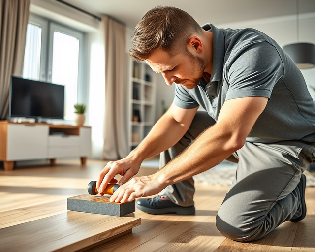 Olcsó laminált parketta: szakember precízen ragasztja és illeszti a paneleket a tiszta, portalan padlóra, kalapáccsal finoman ütve a csapokat, sarkokat pontosan méretezve és védőréteget alkalmazva.