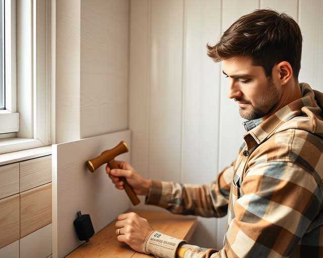 Olcsó PVC falpanelek: szakember gumikesztyűben pontosan méri és felerősíti a könnyű PVC panelt a falra, ragasztóval és csavarokkal rögzítve, sima illesztéseket ellenőrizve.