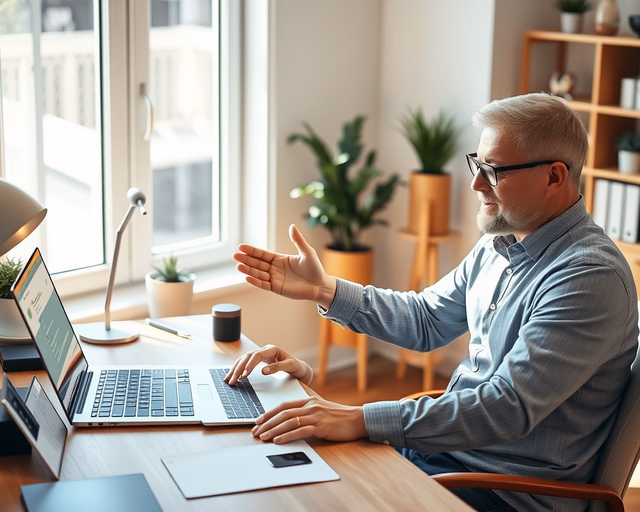 Fotó egy mesteremberről, amint gondosan online biztonsági tanácsadást végez egy nappaliban.