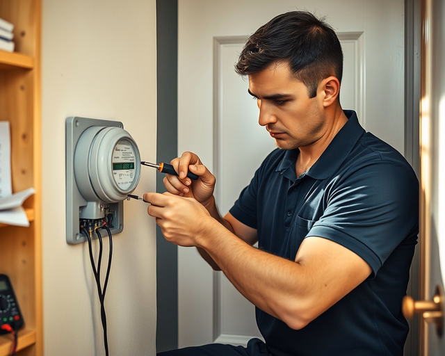 Szerelő otthonában előkészíti az elektromos vezetéket: csupaszít, csatlakoztat és szigetel a biztosítékpanelhez, látható az "Otthoni bekötési díj" címke a számlán.