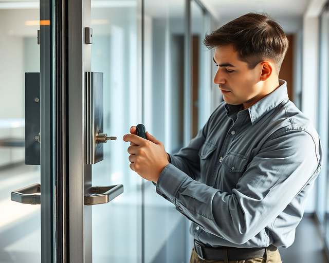 Fotó egy mesteremberről, amint szakszerűen pánikzár javítást végez egy házban.