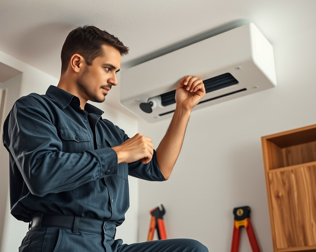 Parapetes gázkonvektor beépítése: Szerelő precízen rögzíti a konvektort a falra, csatlakoztatja a gázvezetéket és elektromos táplálást, majd nyomáspróbát és működésellenőrzést végez a biztonságért.