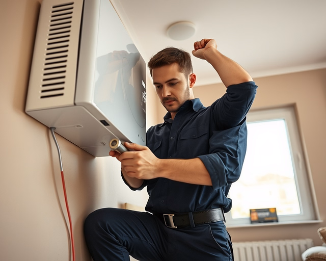 Parapetes gázkonvektor cseréje: szerelő óvatosan megszünteti a régi készülék gázelzárását, lecsatlakoztatja a csöveket és elektromos vezetéket, majd precízen felszereli és beköti az új konvektort.