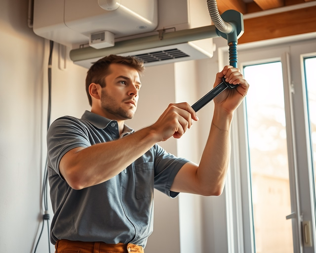 Parapetes gázkonvektor telepítése: szerelő precízen rögzíti a konvektort az ablakpárkány alá, csatlakoztatja a gázvezetéket és beállítja a termosztátot a biztonságos működéshez.