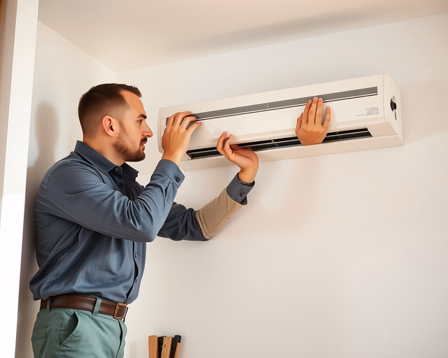 Parapetes konvektor beépítése: szerelő precízen csatlakoztatja a konvektort a falban lévő fűtéscsövekhez és elektromos vezetékre, rögzíti a parapethez, majd elvégzi a tesztüzemet szivárgás és hőleadás ellenőrzésére.