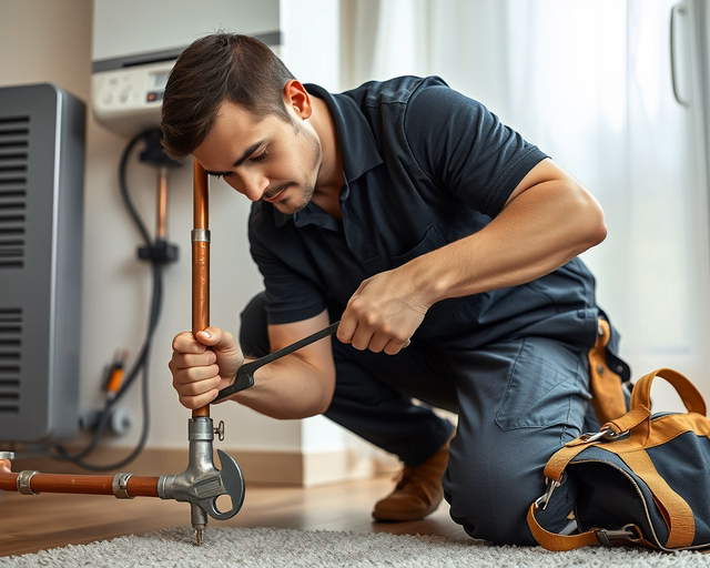 Parapetes konvektor cseréje: szerelő eltávolítja a régi parapetes konvektort, lekapcsolja a csöveket, beemeli az új készüléket, csatlakoztatja a vezetéket és légteleníti a rendszert.