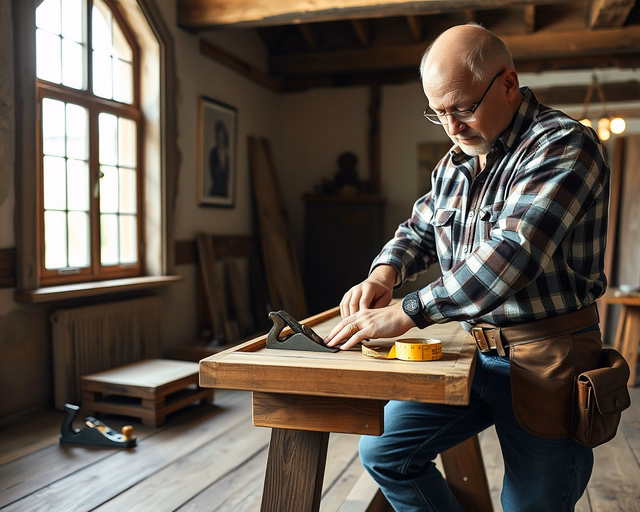 Képkérés: Parasztház belső felújítása — Mester alaposan lehántolja a régi vakolatot a falról, poros rongy és vödör mellett állva, miközben repedéseket javít és új glettet készít a sima felülethez.